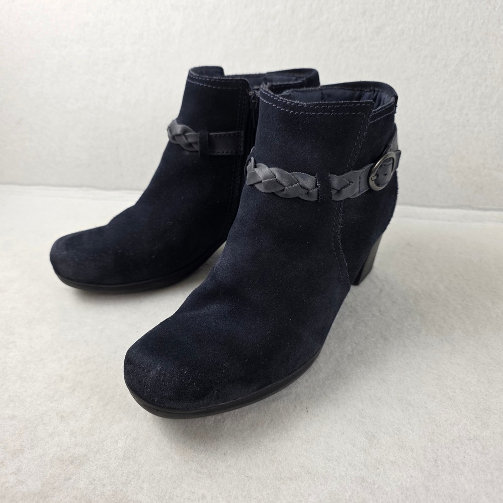 Clarks Womens 9.5W Black Suede Ankle Boots Braided Buckle Zip Booties 68730